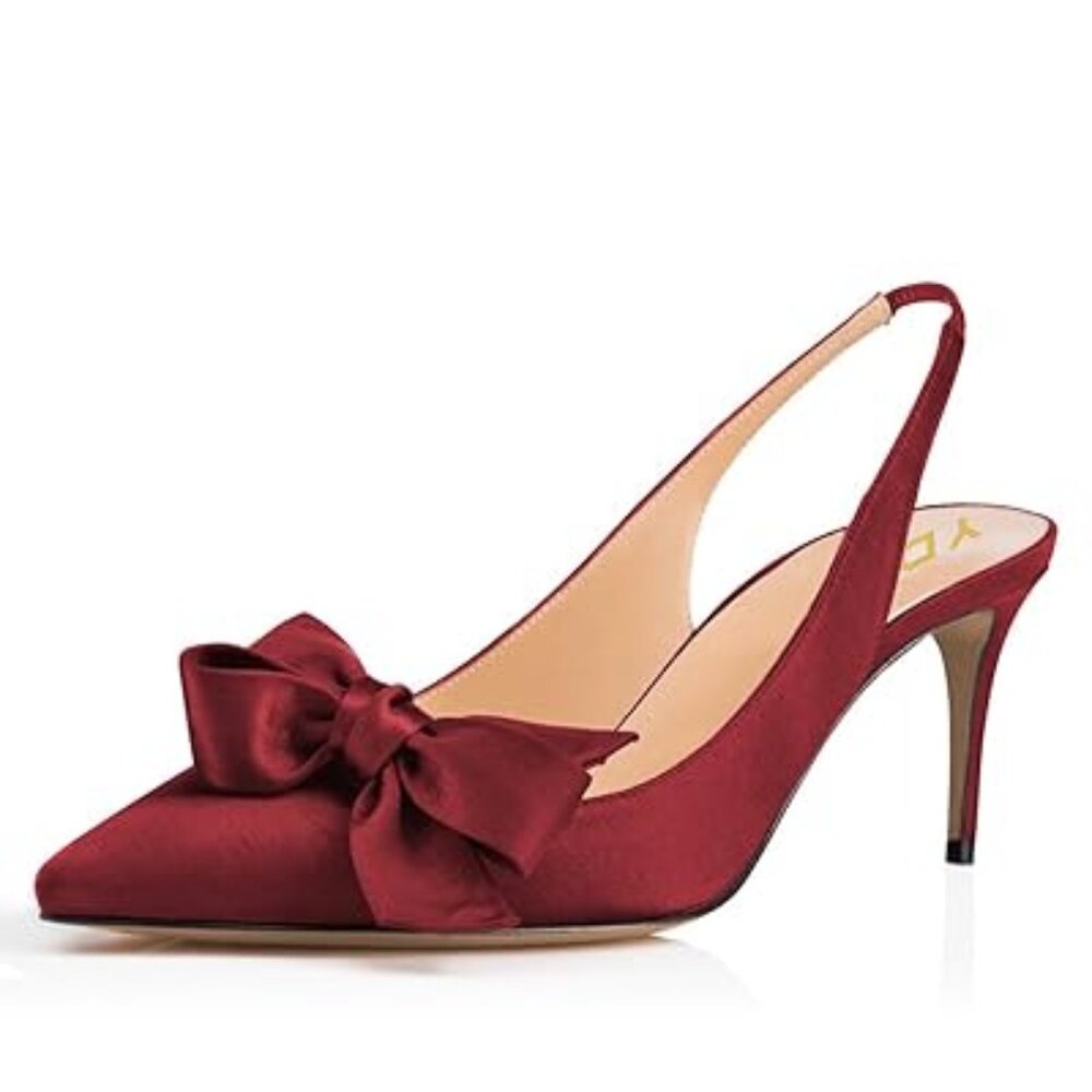 YDN Red Pointed Toe Bow Slingback Slip on Pumps Stiletto Mid Heels Sandals Shoes